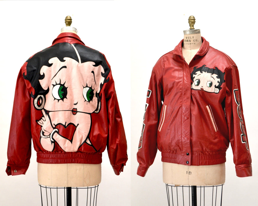 80s 90s Vintage Red Leather Jacket with Betty Boop Jacket// 90s 80s Red Leather Biker Jacket Betty Boop Comic Cartoon Small Medium Maziar