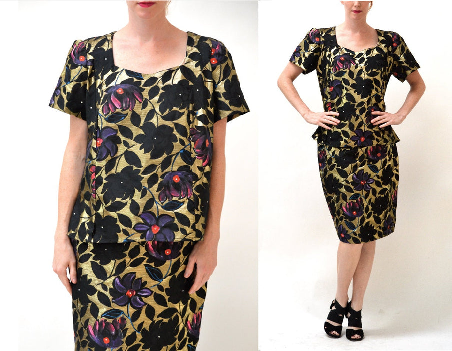 80s Vintage Metallic Gold Jacquard Skirt and Shirt Suit// Vintage Metallic Dress Gold black Large// Hand Painted Jacquard Skirt and Shirt