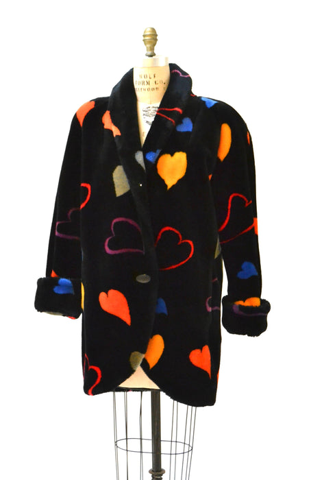 Vintage Black Faux Fur Jacket Coat with Hearts 90s pop art Rainbow Hearts Vintage Donny Brook Black with Hearts Coat Small Medium Gay Pride
