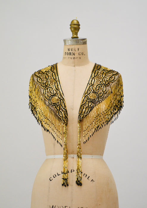Vintage Gold Beaded Fringe Shawl Wrap Burlesque Wedding Flapper Gold Metallic Beaded Vintage Fringe Collar Shawl Gold Black Wrap Sharmark