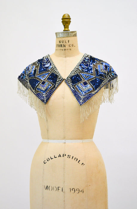 90s Vintage Blue Beaded Fringe Shawl Wrap Burlesque Wedding Flapper Blue Metallic Beaded Vintage Fringe Collar Shawl Showgirl
