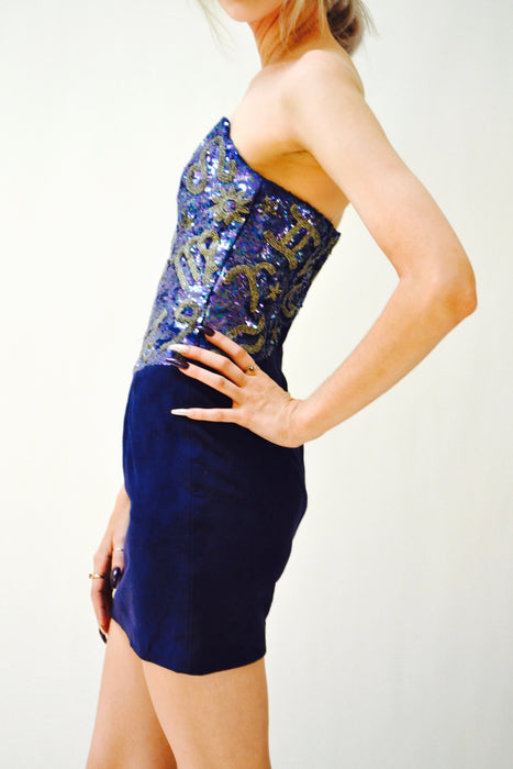 90s Sequin Leather Strapless Dress by Michael Hoban Blue Gold Small Zodiac Astrology Signs XXS XS// Metallic Leather Strapless Beaded Dress