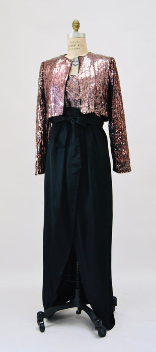 70s Vintage Pink Black Sequin Gown Dress Sequin Jacket By Estevez Strapless Sequin Dress Gown Pink Sequin Jacket Disco Party Medium