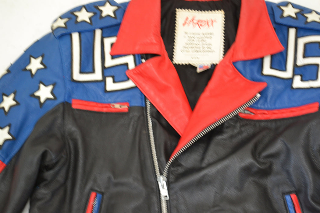 Mens Vintage Black Leather Motorcycle Jacket USA American Flag LA ROXX// Vintage Mens Leather Jacket Biker America Jacket L.A. Roxx