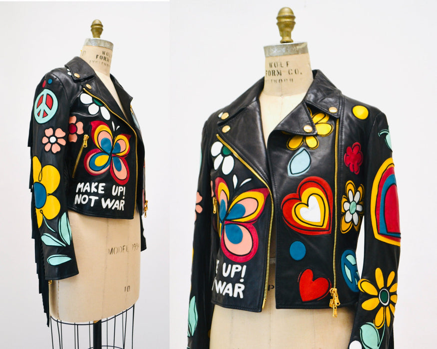 2000s Black Leather Jacket by Moschino with Fringe Make love Not War Heart Flowers Peace Small Medium// Black Leather Biker Fringe Jacket