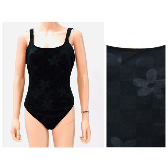 90s Vintage Black Velvet Swim Suit Black One Piece Black Velvet High cut swimsuit Size Medium Large by Sessa Flower Embossed Velvet Swimsuit