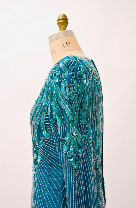 80s 90s Vintage  Blue Green Sequin Beaded Dress Flapper Inspired Cocktail  Dress Small in Teal Blue Long Sleeve 80s 90s Party Pageant Dress