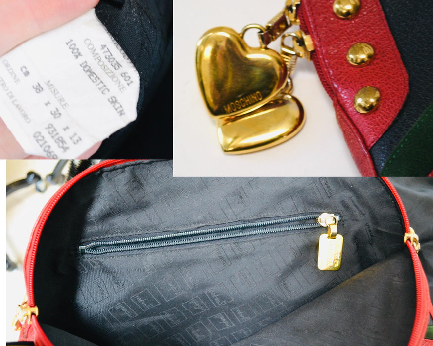 90s Vintage Moschino Bag Tote Black Leather Red Heart Moschino Purse Bag Black Leather 90s Love heart ART IS LOVE Studded Leather Bag