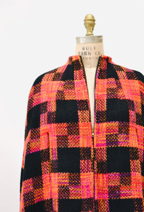 70s Vintage Pink Black Plaid Wool Cape Poncho // 70s Vintage Pink Orange Black Cape Wool Jacket Coat Penny Lane 70s Jacket