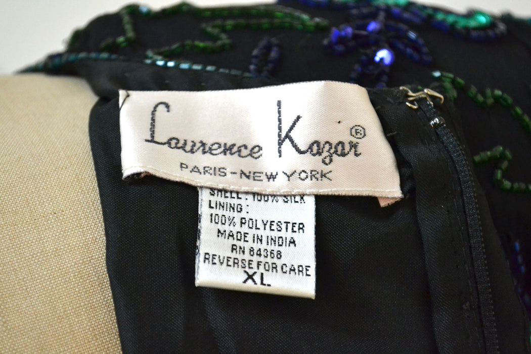 Vintage Black Sequin Shirt top Large XL Black blue beaded shirt // 80s Vintage Metallic Sequin Top Black Art Deco Flapper Laurence Kazar