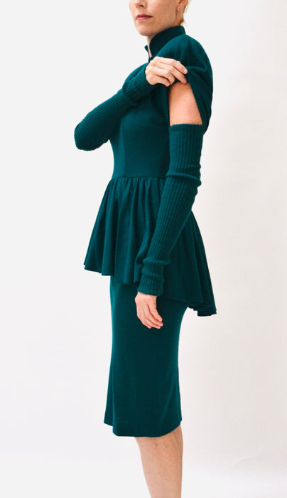 80s does 40s Vintage Teal Blue Green Knit Wool Dress Small Medium Wool Jersey Knit Dress Green teal Long Sleeve Peplum Dress Bonnie Strauss
