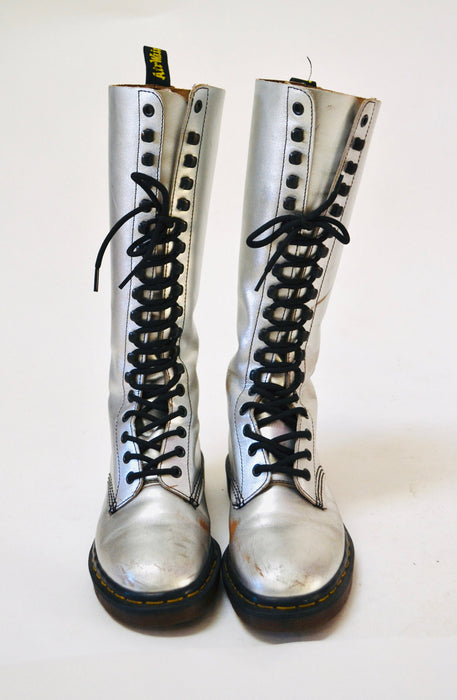 90s Dr. Martens Boots Women Size 6 Metallic Silver Boots Lace up knee high Boots// Vintage Doc Marten Silver Boots Size 5 UK Made in England