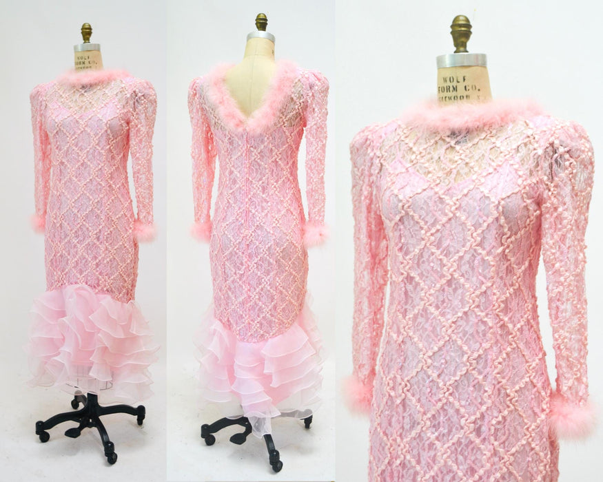 80s Vintage Pink Sequin Feather Dress Gown Pat Richards Medium// 80s 90s Vintage Pink Prom Barbie Bridesmaid Party Dress Gown Pink Princess