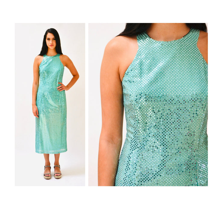 Vintage 90s Metallic Prom Party Club Dress Medium Large Aqua Green//  90s Vintage Metallic Disco Dress Blue Green Drag Queen Mermaid Costume