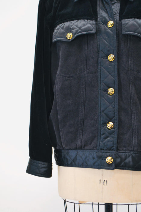 Vintage 80s 90s Black Gold Denim Jacket Quilted Black Jacket By  Laurel Medium Large// Vintage Black Gold Denim Satin Jacket Made in Italy