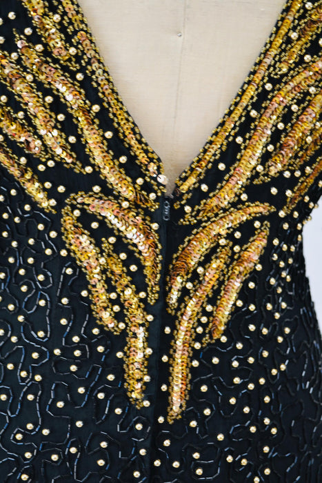 70s 80s GLAM Vintage Black Gold Beaded Sequin Evening Gown Small Medium // 80s 90s Pageant Drag Queen Black beaded Dress Gown Medium