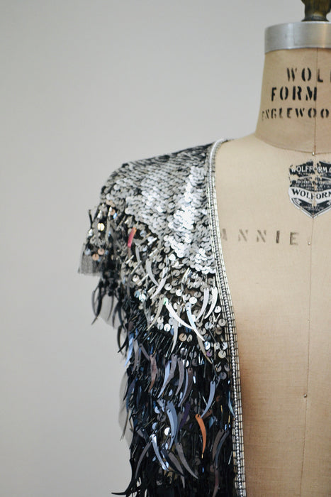 Vintage Silver Black Beaded Fringe Shawl Wrap Burlesque Wedding Flapper Silver Wedding Metallic Beaded Vintage Fringe Colla Shawl Sharmark