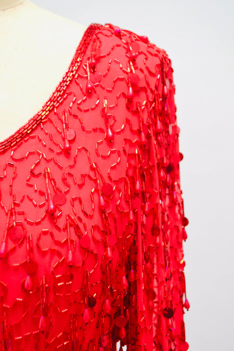 90s Vintage Red Sequin Beaded Fringe Dress Medium Black Tie Oleg Cassini// Vintage Red showgirl Dress Beaded Fringe Dress Medium Large