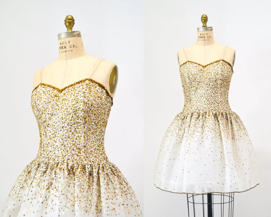 Vintage Off white Silk Sequin Dress Riazee Boutique Lillie Rubin White Gold Silk Beaded and Sequin Dress Cocktail Wedding Dress Naeem Khan