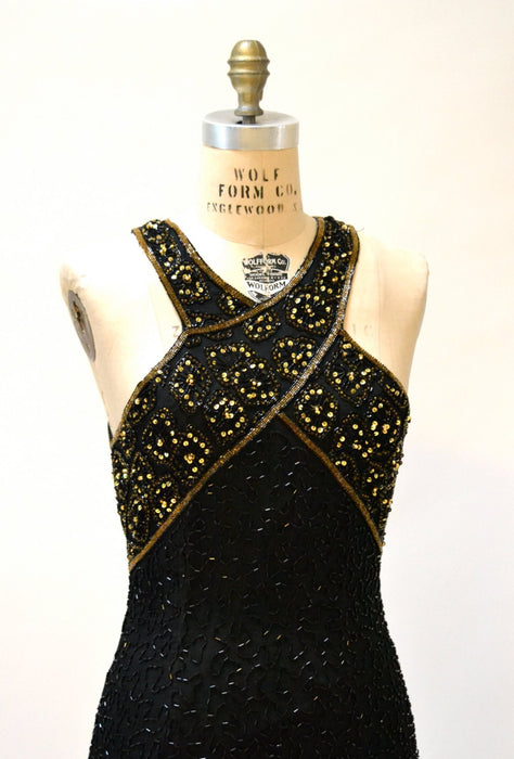 Vintage Beaded Dress Size Medium Large Black and Gold Art Deco// 90s Prom Dress Black Metallic Body Con Beaded dress Size Medium Large