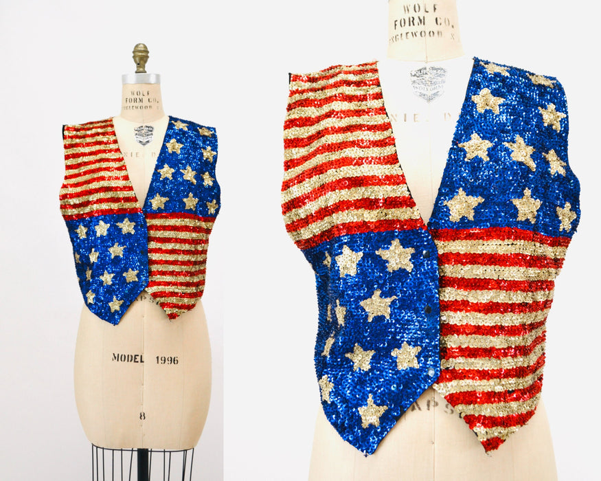 80s 90s Vintage Sequin Vest American Flag USA Large// Vintage Sequin Vest Stars USA America Olympics Uncle Sam Sequin Vest Mens womens