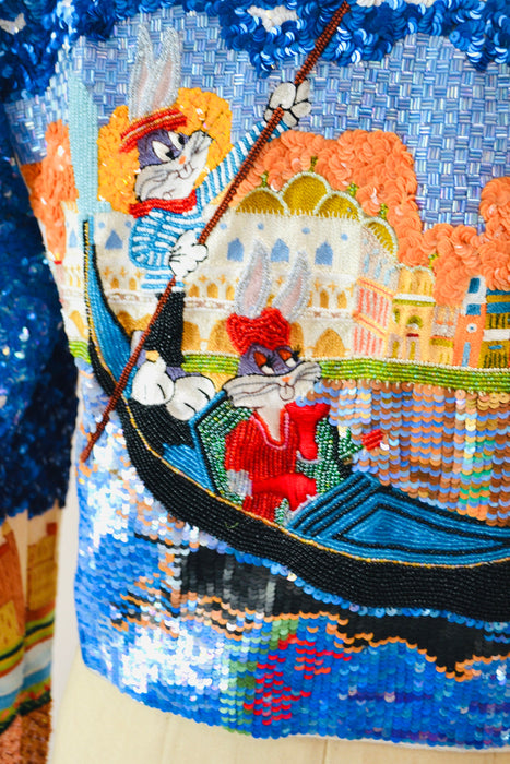 90s Vintage Jeanette Kastenberg Platinum Sequin Jacket Looney Tunes Bugs Bunny Cartoon Sequin Paris France Venice Italy Beaded Jacket