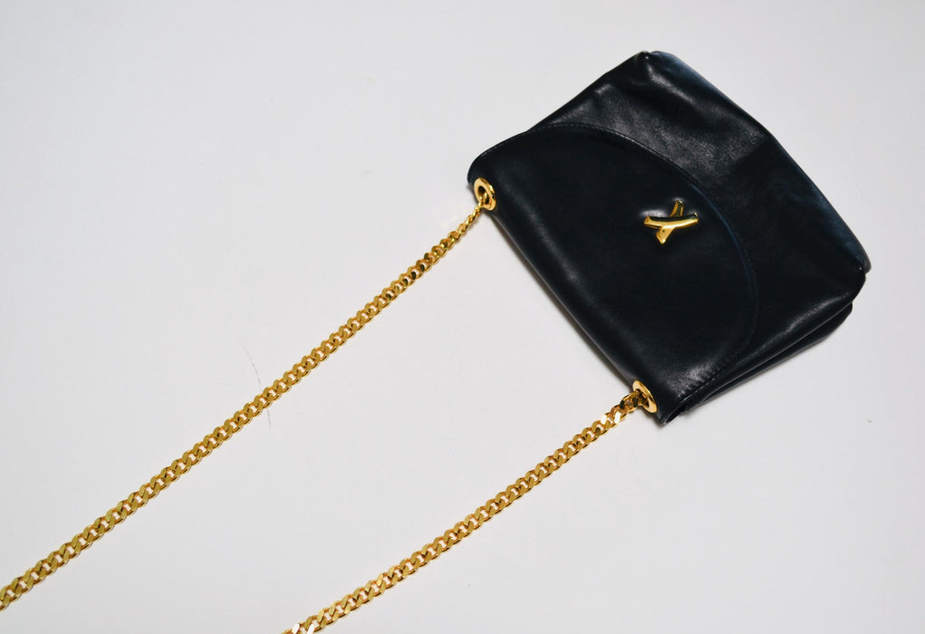 90s Vintage Black Leather Purse Bag By Paloma Picasso//  Black Leather Gold Chain Cross Body Bag Small Black Leather Bag Made in Italy