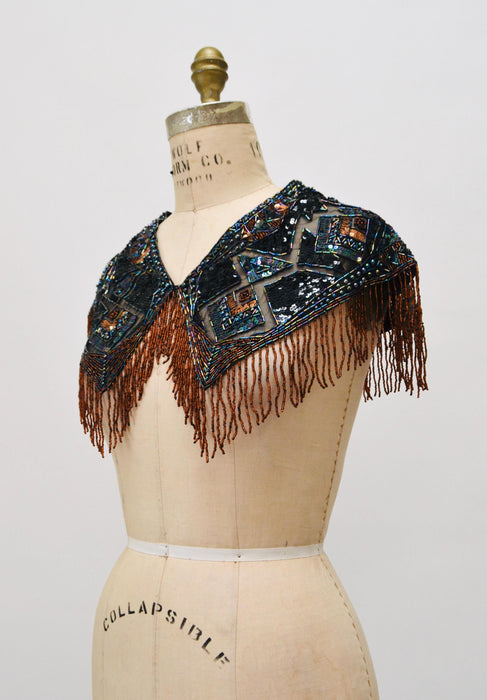 90s Vintage Beaded Fringe Shawl Wrap Burlesque Wedding Flapper Brown Black Metallic Beaded Vintage Fringe Collar Shawl Showgirl Festival