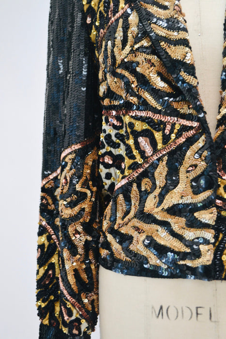 Vintage Sequin Jacket Black with Leopard Cheetah Animal Pattern// 80s 90s Vintage Black Sequin Beaded Jacket Animal The Icing Small Medium