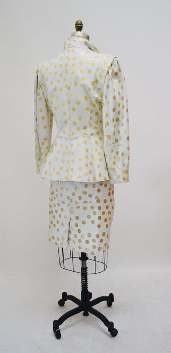 80s Vintage White Gold Polka Dot Leather Jacket and Skirt Set Jacket Lillie Rubin Medium Large 80s Glam Wedding Leather Suit Jacket Skirt