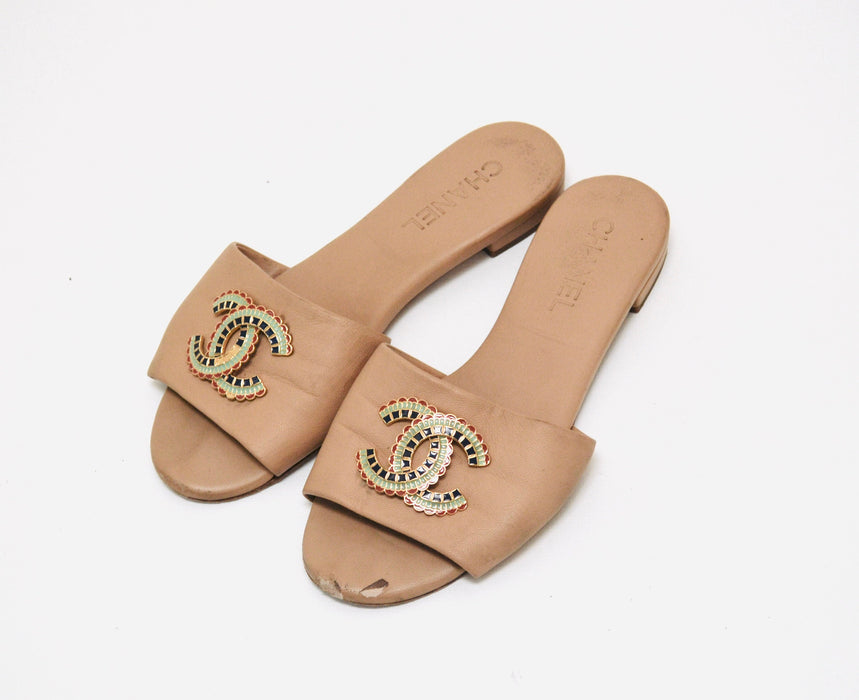 Vintage Chanel Tan Leather Slides Sandals 39 1/2  Leather Tan Chanel Logo Sandals Slides Tan Neutral 39 1/2 8 1/2 Made in Italy