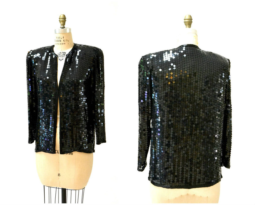 Vintage Black Sequin Jacket Small Medium// Black Silk Sequin Metallic Jacket 80s Trophy Sequin Jacket Small Medium