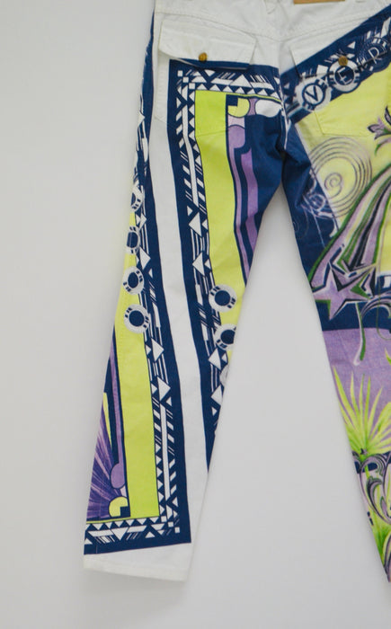 90s Vintage Versace Pants Jeans White Blue Yellow Printed Versace Pants Size 32 Italian Vintage Fashion Designer Size Small Medium