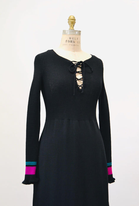 70s Vintage Black Sweater Maxi Dress Lace up Tie Dress // 70s vintage Black long Dress Vintage Black Maxi Long Sleeve Dress ruffle sleeves