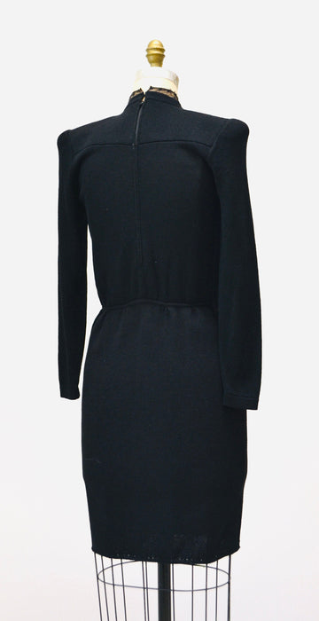 80s Vintage St John Dress Black Knit Dress By St John Rhinestone Mesh Knit Long Sleeve Dress // 80s Black Sweater Knit Party Dress XS Small