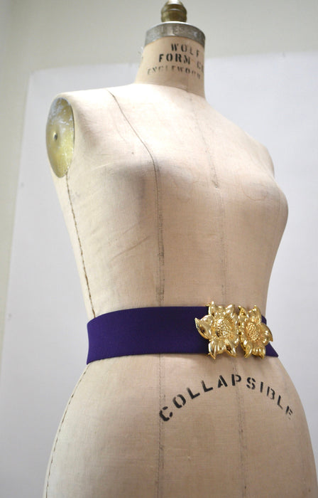 80s 90s Vintage Gold Flower Belt Buckle Purple Stretch Elastic Belt Gold Flower Metal Belt Small Medium Large XL Purple Flower Wedding Belt