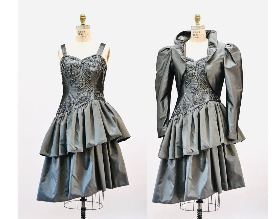 80s 90s Vintage Gray Silk Party Dress And Ruffle Jacket Beaded Rhinestone 90s Cocktail Dress Jacket Small Medium By Mary Jane Denzer