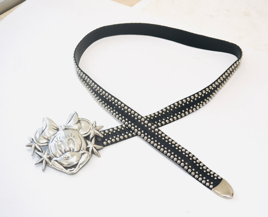 90s Vintage Minnie Mouse Disney Belt Buckle Katherine Baumann Beverly Hills  Silver Black Studded Belt Cartoon Disney Silver Minnie Belt
