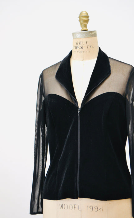 90s Vintage Sheer Black Velvet Top 90s Party Sheer long Sleeve Top Medium Large // 90s Sheer Mesh Velvet Party Shirt Tadashi Inspired Top
