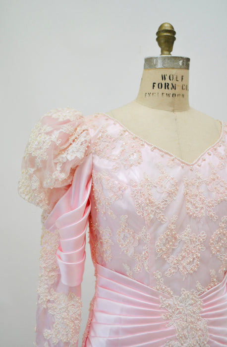 Vintage 80s Pink Ball Gown Wedding Dress Beaded Sequin Medium Pink Ball Pageant Gown Dress //80s Pink Glinda Wedding Dress Princess Gown