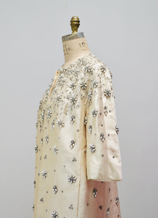 60s Vintage Cream Silver Pearl Beaded Wedding Party Jacket Medium 60s Wedding Opera Evening Jacket Coat White Cream Beaded Jacket Ruth Roman