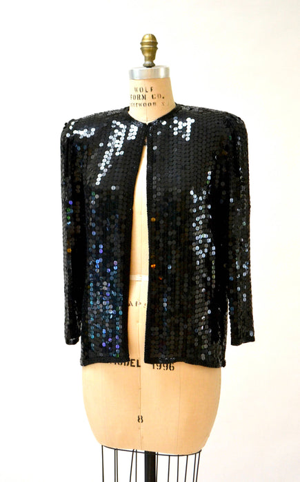Vintage Black Sequin Jacket Small Medium// Black Silk Sequin Metallic Jacket 80s Trophy Sequin Jacket Small Medium