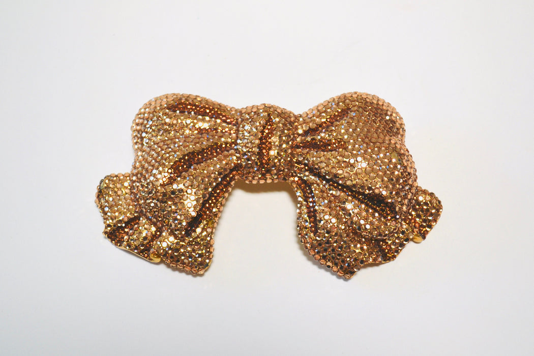 90s Vintage Katherine Baumann Beverly Hills Swarovski Crystal Rose Gold Bow Belt Buckle Metallic Rhinestone Belt Buckle Large BOW