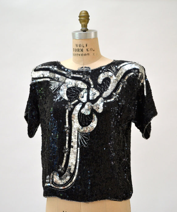 Vintage Black Sequin Top Shirt Black Silver Small Art Deco Flapper Inspired// Vintage Metallic Sequin Shirt Top Silver Black Small