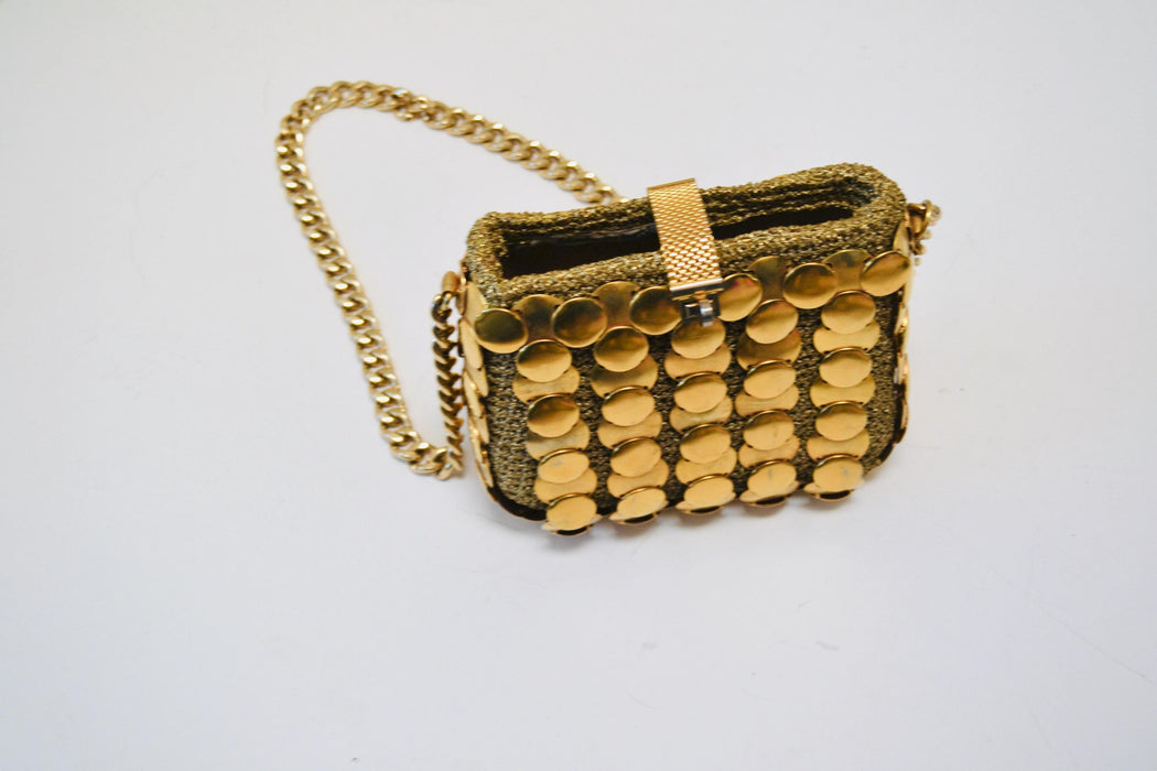 60s 70s Vintage Metallic Gold Metal Purse Chain Mail Wedding Disco Bag Made in Italy // Vintage Wedding Gold Metallic Bag Purse Paco Rabanne