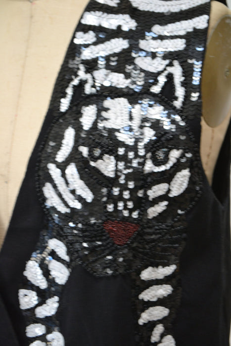 Vintage Black Sequin Vest Tiger Big Sequin Vest Cat Animal Ringmaster Circus Vest Top// Vintage Metallic Sequin Vest TIGER BLack White