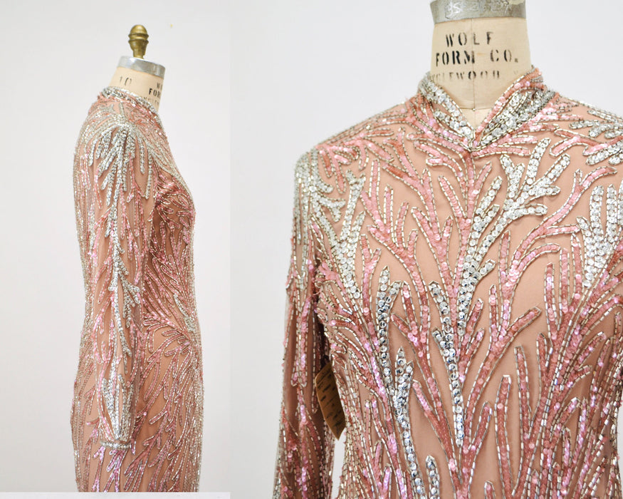 80s 90s Bob Mackie Vintage Pink Silver Beaded Sequin Gown Dress Pink Long Sleeve Sequin Gown Cher Sequin Dress XS SMALL Wedding