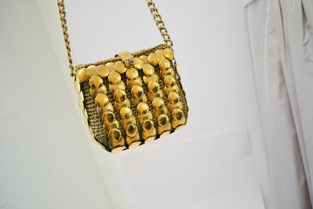60s 70s Vintage Metallic Gold Metal Purse Chain Mail Wedding Disco Bag Made in Italy // Vintage Wedding Gold Metallic Bag Purse Paco Rabanne