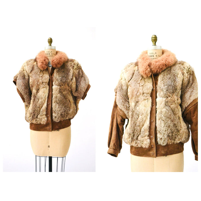 70s 80s Vintage Fur Vest Jacket Brown Rabbit Coyote Fur Jacket Coat Medium Tan// Vintage Fur Vest Leather Jacket Removable Sleeves Jacket