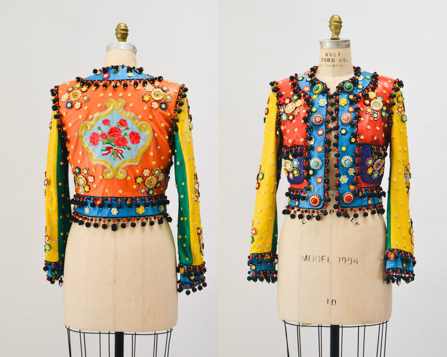 Vintage 90s Moschino Leather Jacket Gold Metallic 1991 Spring Summer Moschino Studded Leather Jacket Red Blue Green Yellow Made in ITaly